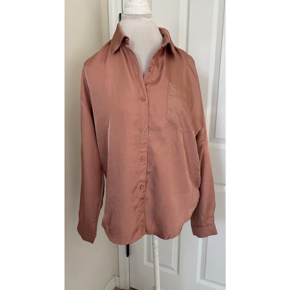 Lulus Small Satin Textured Button Down Shirt Long Sleeve Orange Pink Rust
